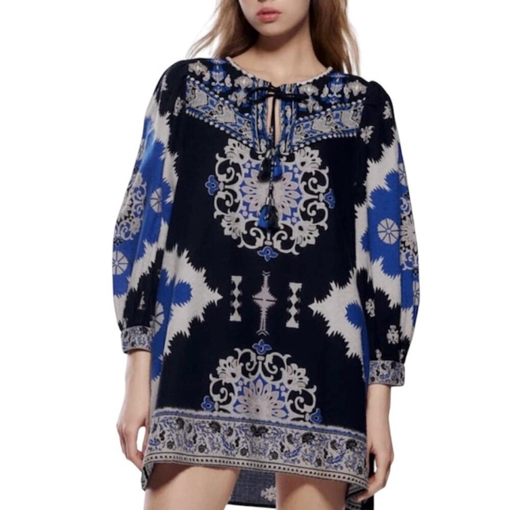 Zara Embroidered Tunic/ Mini Dress, Ethnic Print, Summer, Party Vacation, Boho L